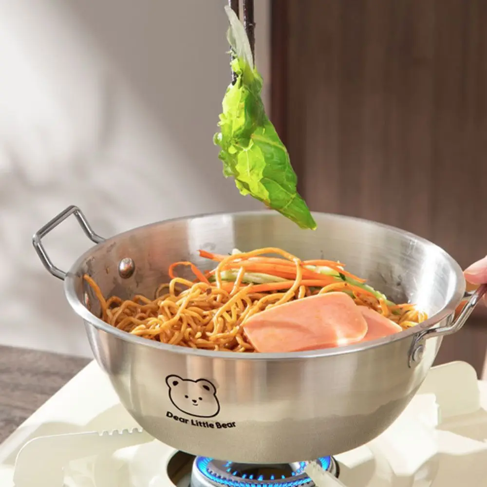 Cuenco de fideos coreano con diseño de oso, doble manija/una sola, olla de arroz para mariscos a prueba de golpes, sartén Paella de acero inoxidable 304 para dormitorio