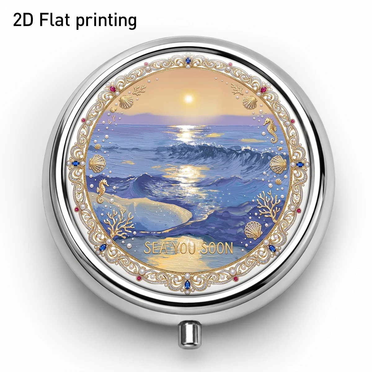 A flat-printed round pill box with an aesthetic sunset, sea waves, and pearl border pattern, in an ocean vacation style, featuring a three-compartment portable storage design. Small in size, can store small items, medicines, and vitamins, flat surface