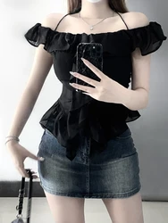 Pleated Sexy Black Blouse Women Ruffled Slim Harajuku Irregular Top Y2k Aesthetic Slash Neck Grunge Blusas Streetwear De Mujer