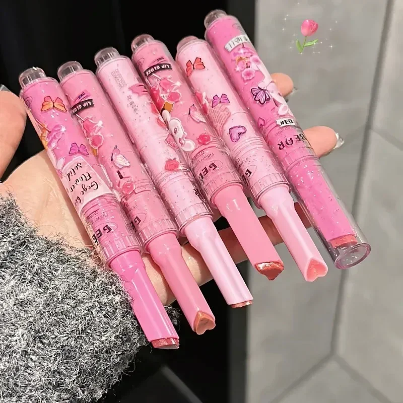 Brillo de labios sólido transparente con purpurina, lápiz labial de espejo rosa, tinte de labios hidratante de gelatina acuosa, forma de corazón de amor, Juego de 3 piezas