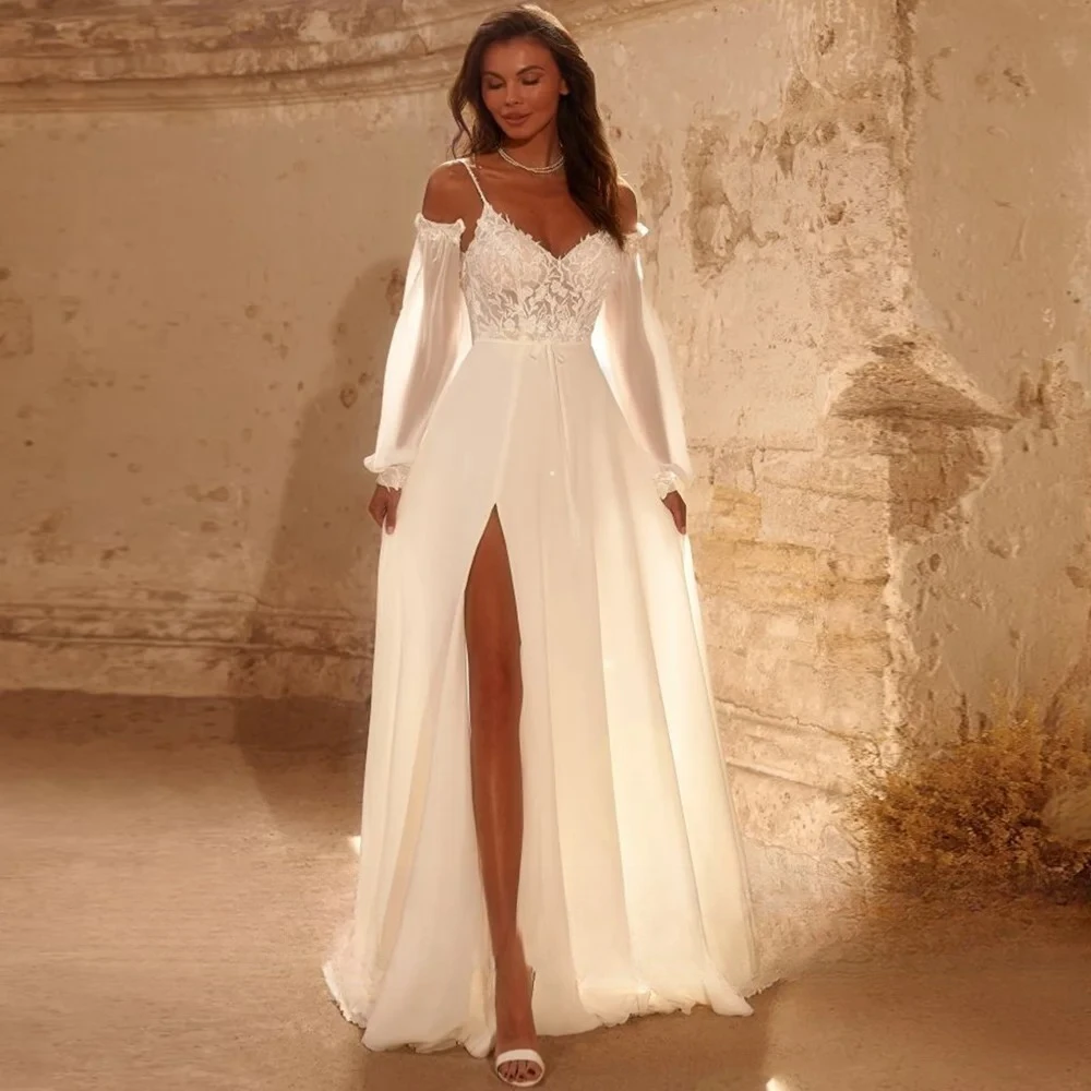 

Beach V Neck Spaghetti Straps Wedding Dresses with Detachable Sleeves Applique Sweep Train Bridal Gown Backless vestido de novia