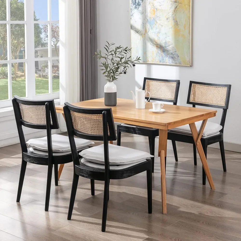 

Farmhouse Dining Set of 4, French Country Rattan Cane Back Kitchen Chairs Upholstered Comfy Retro