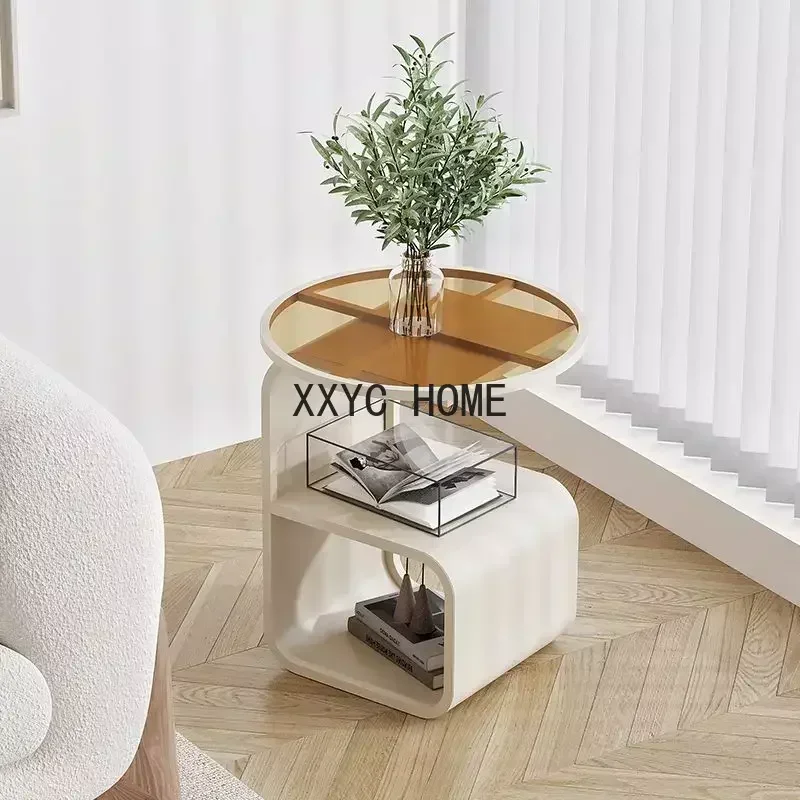 

Nordic Minimalist Coffee Table Round Tempered Glass Sofa Side Table Living Room Iron Side Cabinet Bedroom Bedside Table