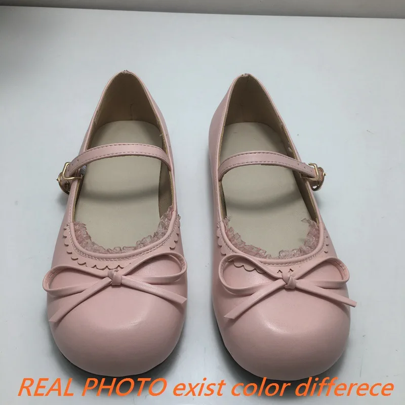 REAVE CAT 32 33 Women Flats Round Toe Bowknot Buckle Strap Size 44 45 Soft Sweet Shallow Girls Student Shoes Spring