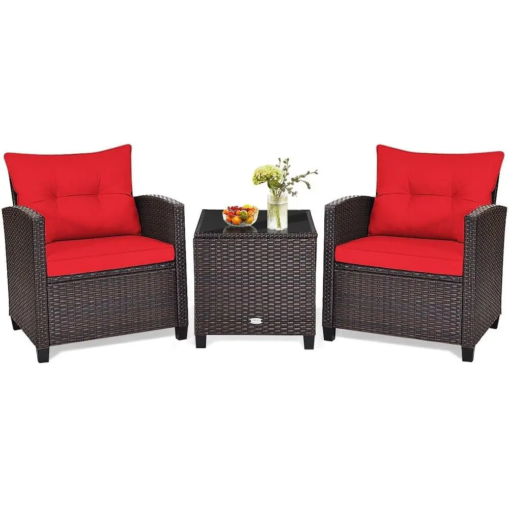

3-Piece Outdoor Patio Furniture Set with PE Rattan Sofa and Tempered Glass Side Table, Removable Cushions for Garden, Balcony, B