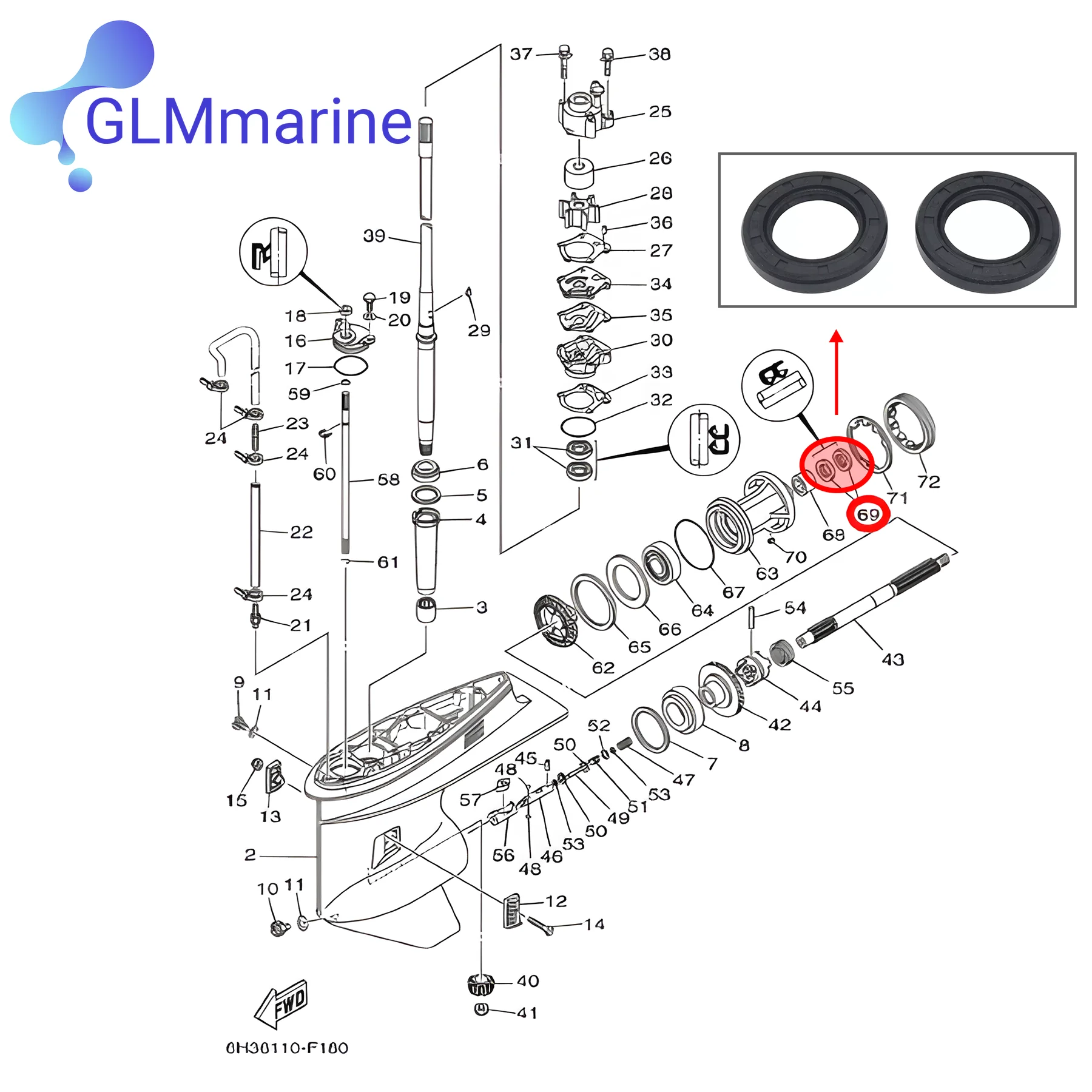2Pcs For Yamaha Outboard Lower Gearcase Propeller Shaft Oil Seal 40 70 80 100 HP Motor 93101-25M03