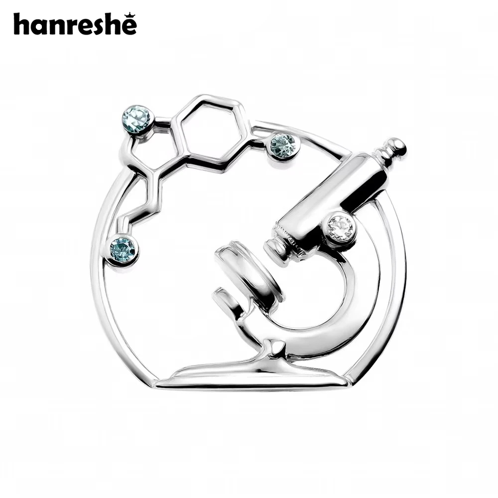 Hanreshe Medical Charm Microscope Molecule Brooch Pin Inlaid Crystal Lapel Badge Scientific Jewelry for Doctor Nurse Student