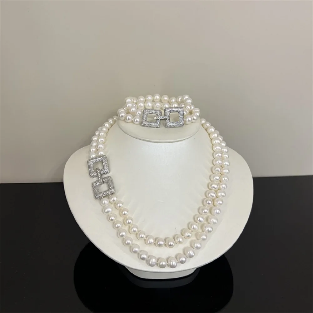 Double row pearl necklace AAAA 8-9mm natural round Japanese pearl necklace 18-20inch+bracelet 7.5-8inch 925s