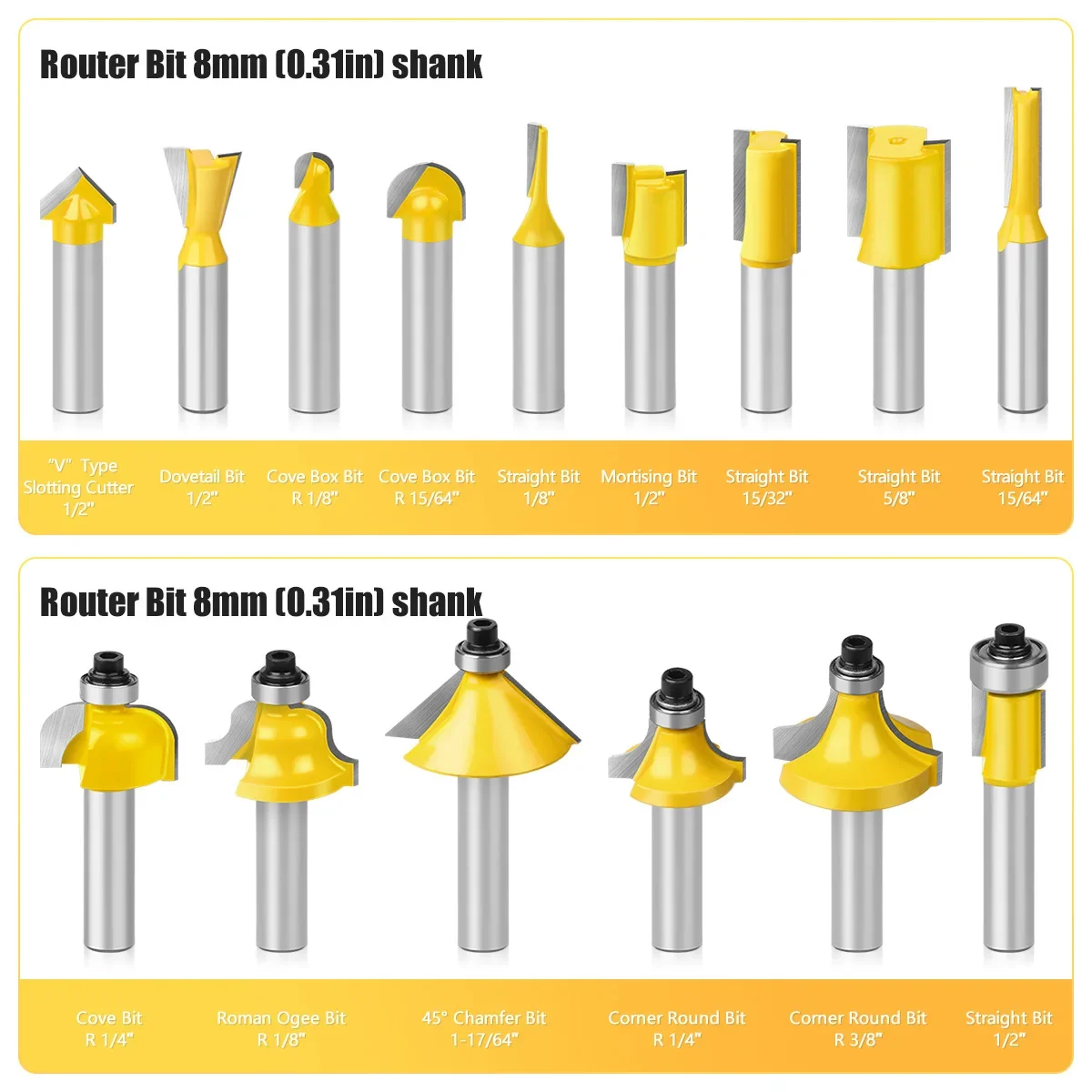 15pcs 8mm Shank Router Bit Set Trimming Straight Beading Milling Cutter Carbide Cutting Woodworking Tools