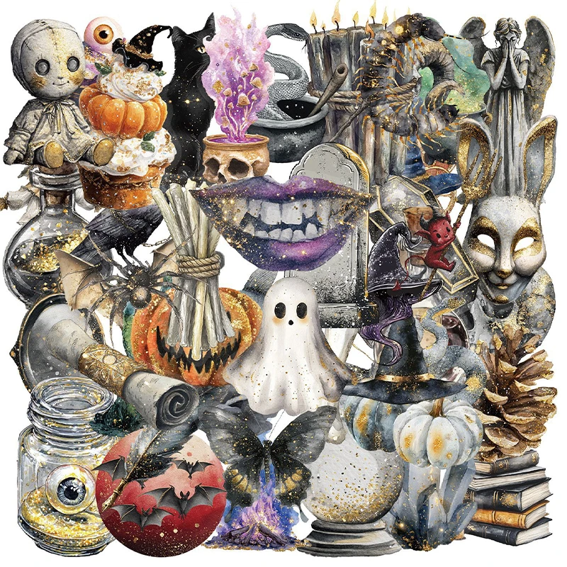 50PCS Dark Mysterious Retro Halloween Stickers Pumpkin Skull Transparent Graffiti Decal Envelope Greeting Card Helmet Decals Toy