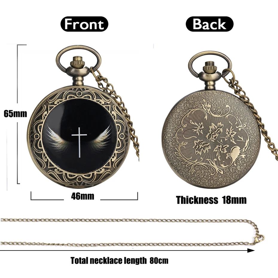 Normal Standard Size Cross Wings Pattern Quartz Pocket Watch Necklace Pendant Chain Clock for Men Women