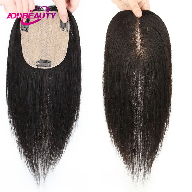 Addbeauty Silk Base Women Toppers 100% Human Remy Hairpiece Straight Clip in Human Hair System Unit Breathable SIlk Base Toupee