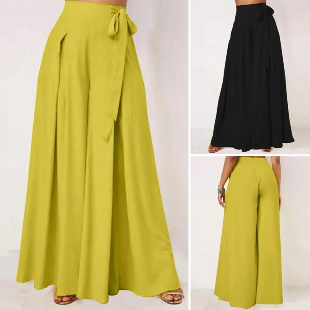 Simple Design Bow Tie Pants Elegant Lace-up Bow Wide Leg Pants for Women High Waist Culottes with A-big Hem Crotch