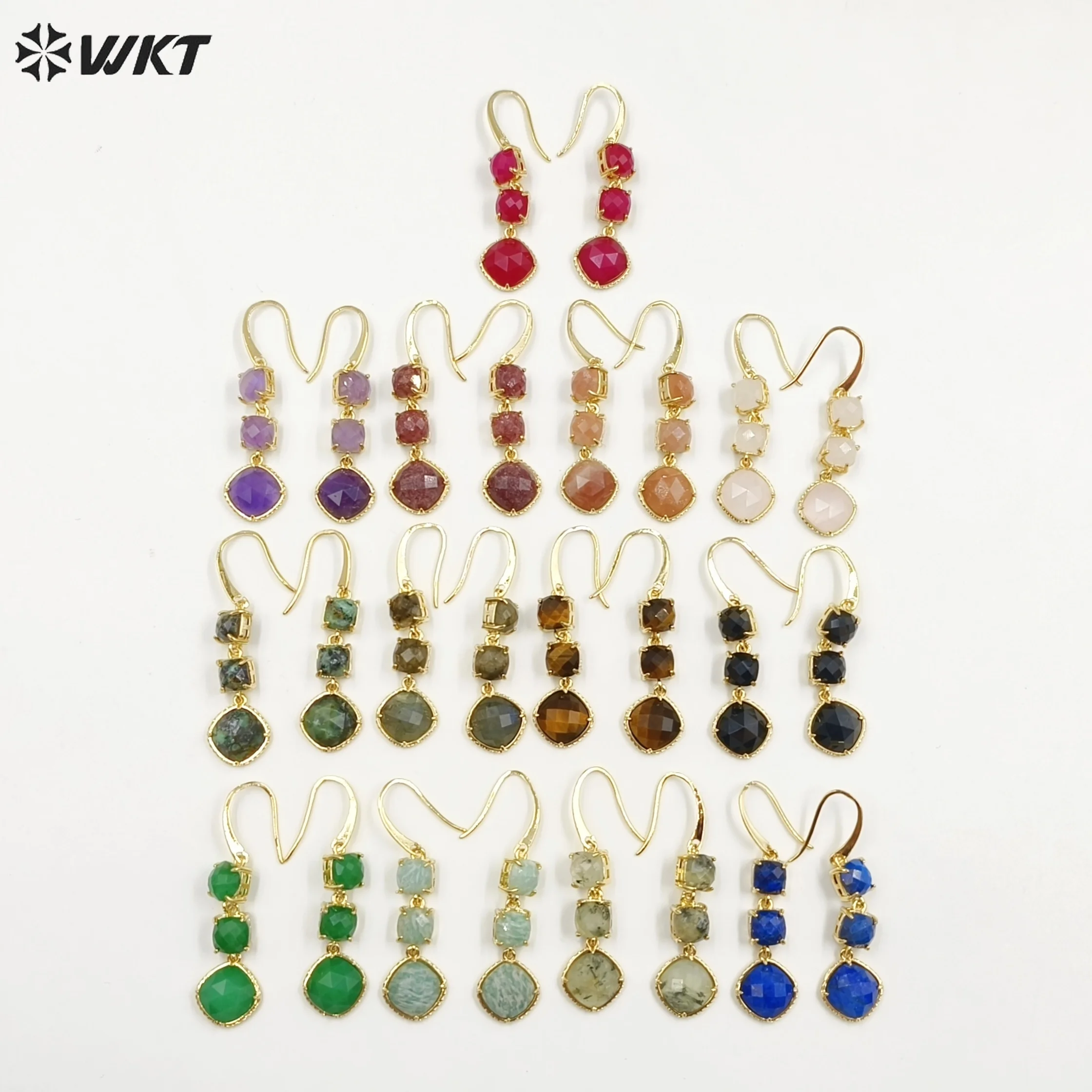 

WKT-E734 WKT 2023 Anniversary Style Natual Gemstone Gold Plated Long Design Earrings Lady Anime Party Beautiful Trend HOT SALE