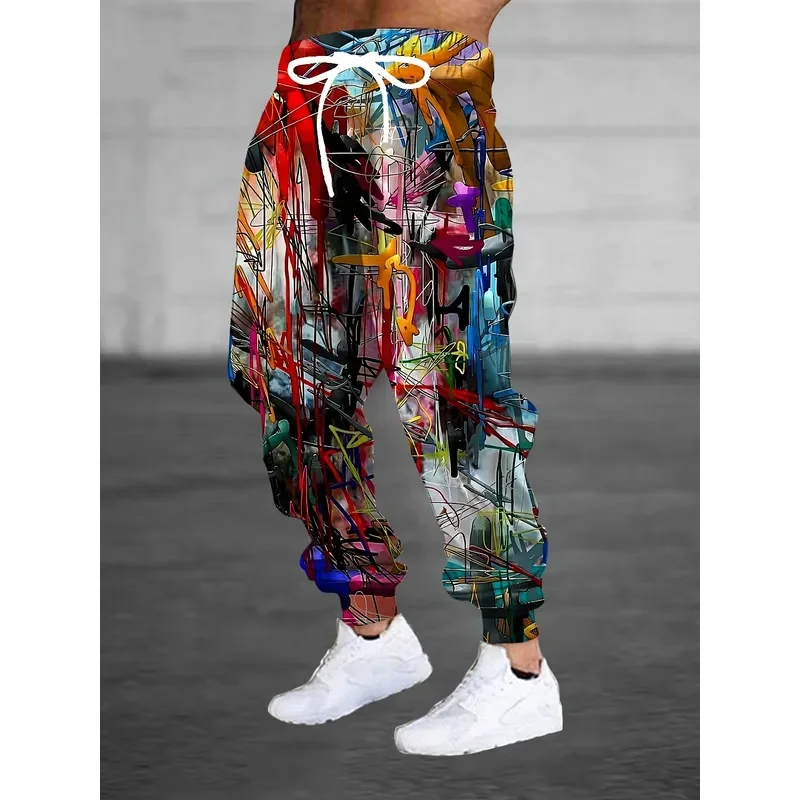 2026 Men 3D Abstract Graffiti Print Sweatpants Drawstring Pocket Casual Sports Trousers Comfortable Home Pajama Pants Fashion