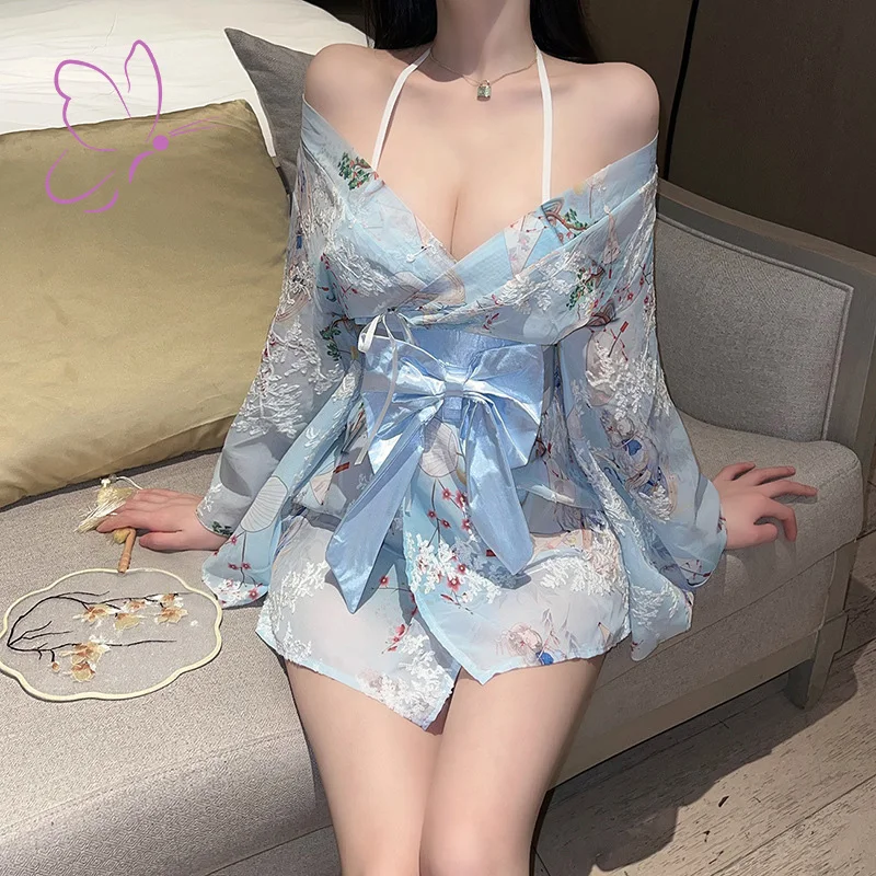 

Sexy Lingerie Kimono Bathrobe Set Uniform Seductive Print Japanese Bow Sexy Japanese Pajamas Anime Cosplay Cosplay Sexy