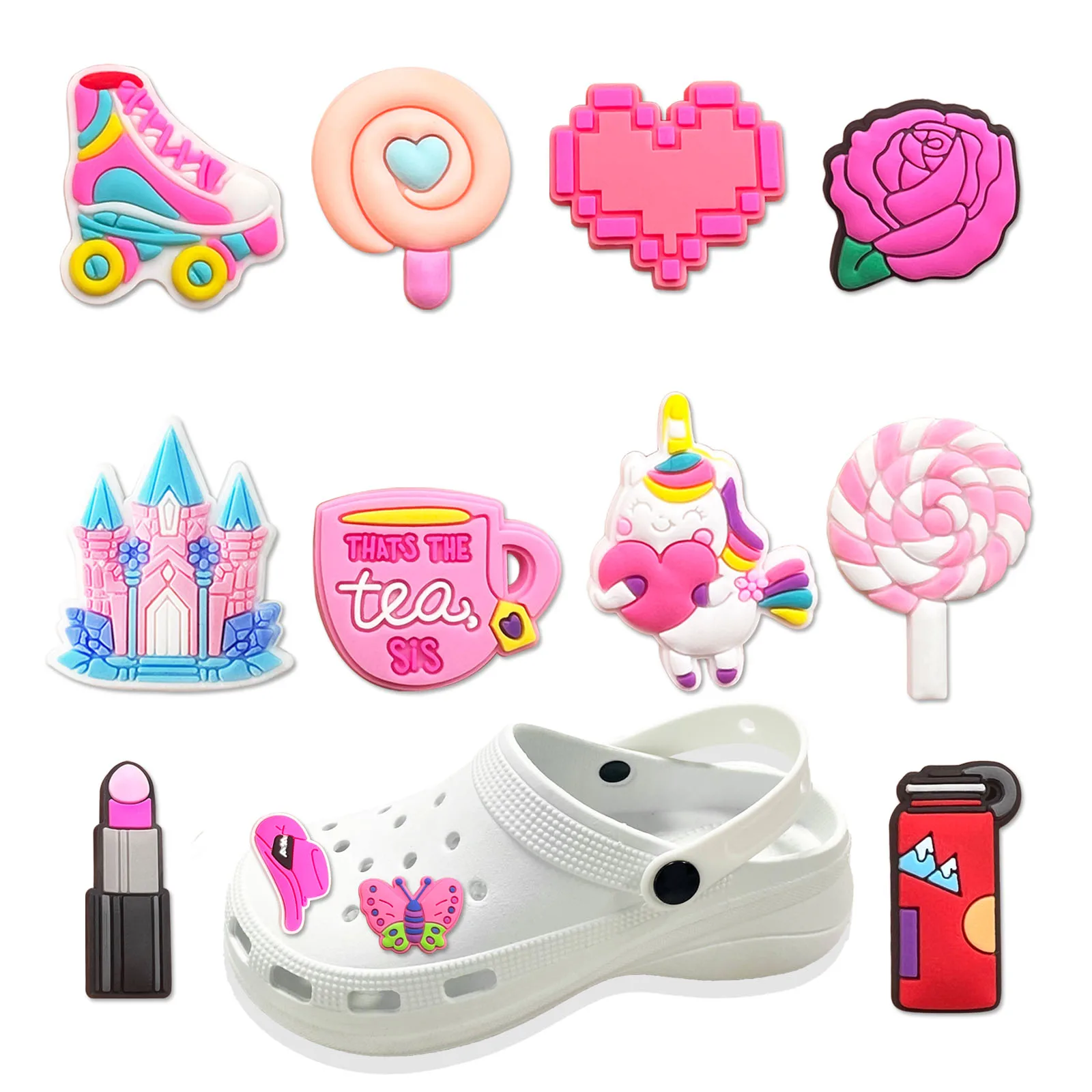 Dijes de PVC para zapatos de 1 piezas, accesorios de zuecos de cámara para cuaderno, sombrero rosa, alfileres de decoración para mujeres y niños, regalo para x-mas, gran oferta