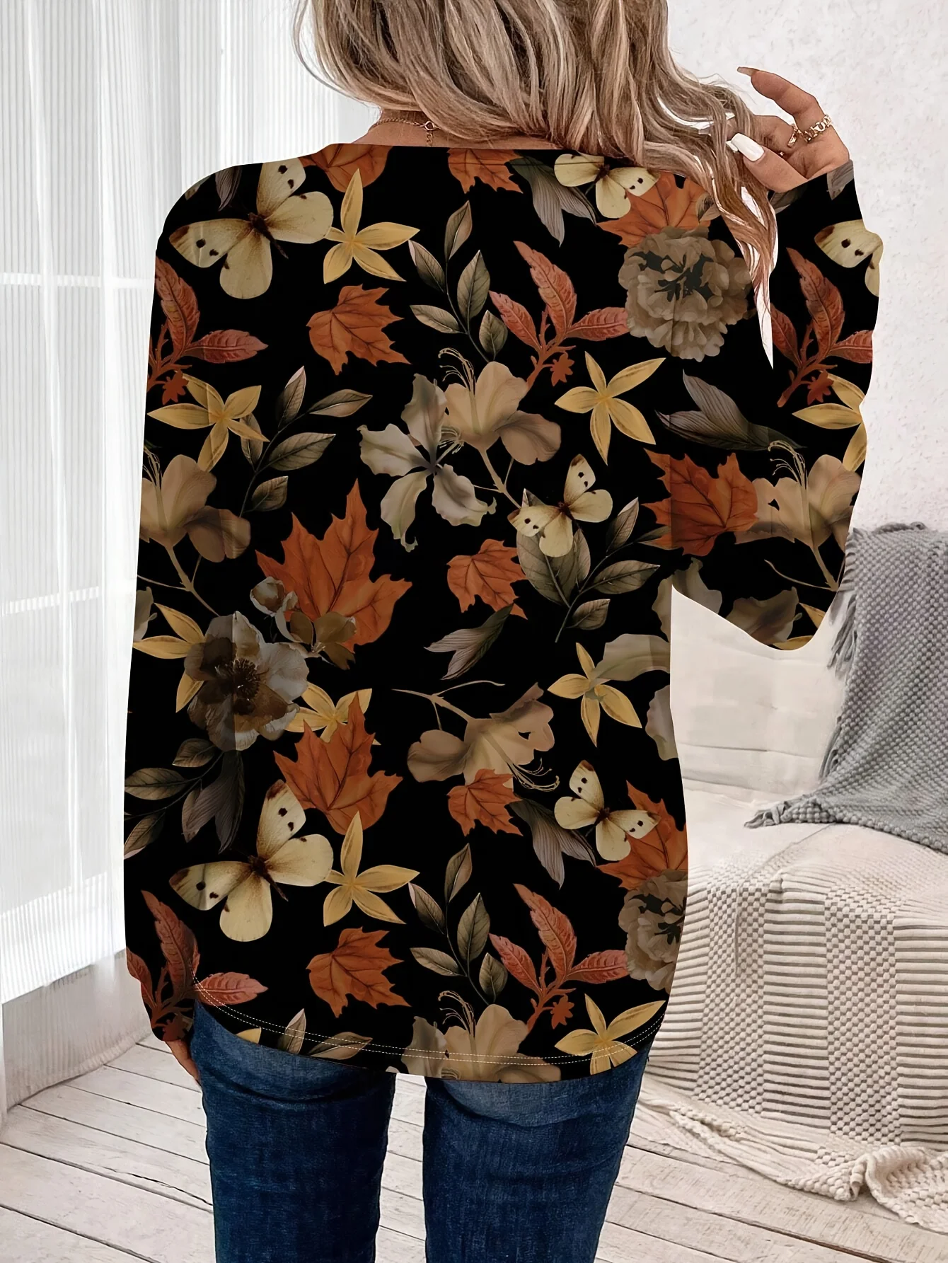 Atasan lengan panjang crewneck bermotif seluruh tubuh baru musim semi dan musim gugur lintas batas Eropa dan Amerika Ukuran Plus