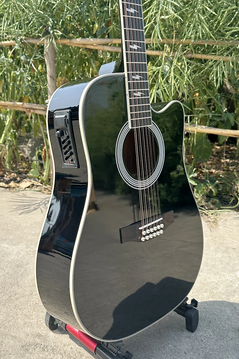 Handmade Gloss Black 12 String Electric Acoustic Guitar Built-in  Professional Wooden Musical Instrument