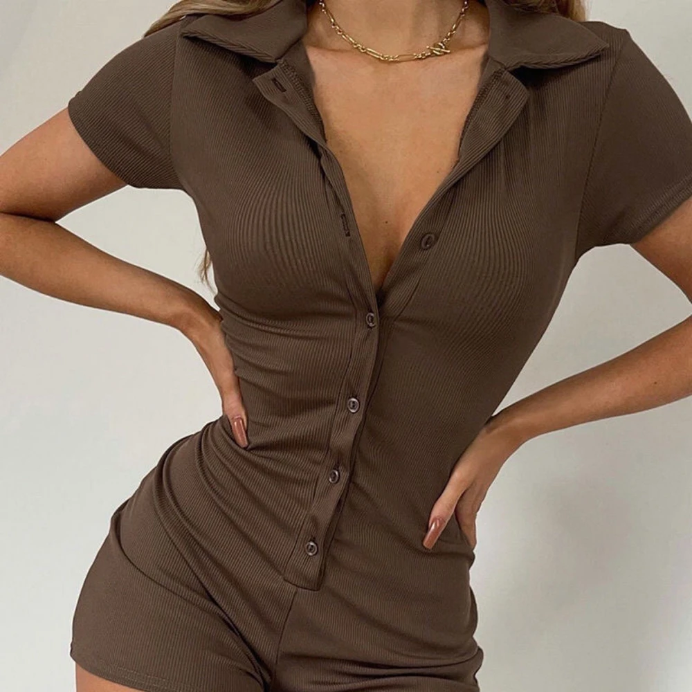 Damen-Romper mit Polokragen und Knopfleiste, Figurbetonter Mini-Jumpsuit, Sexy Frühling-Sommer Streetwear, Einteiliger Yoga-Playsuit – Detail 9