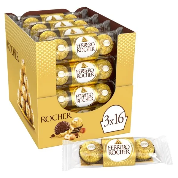 Ferrero Rocher T3 (16 estuches de 3 bombones) - Delicioso chocolate con avellanas en 48 exquisitos bombones