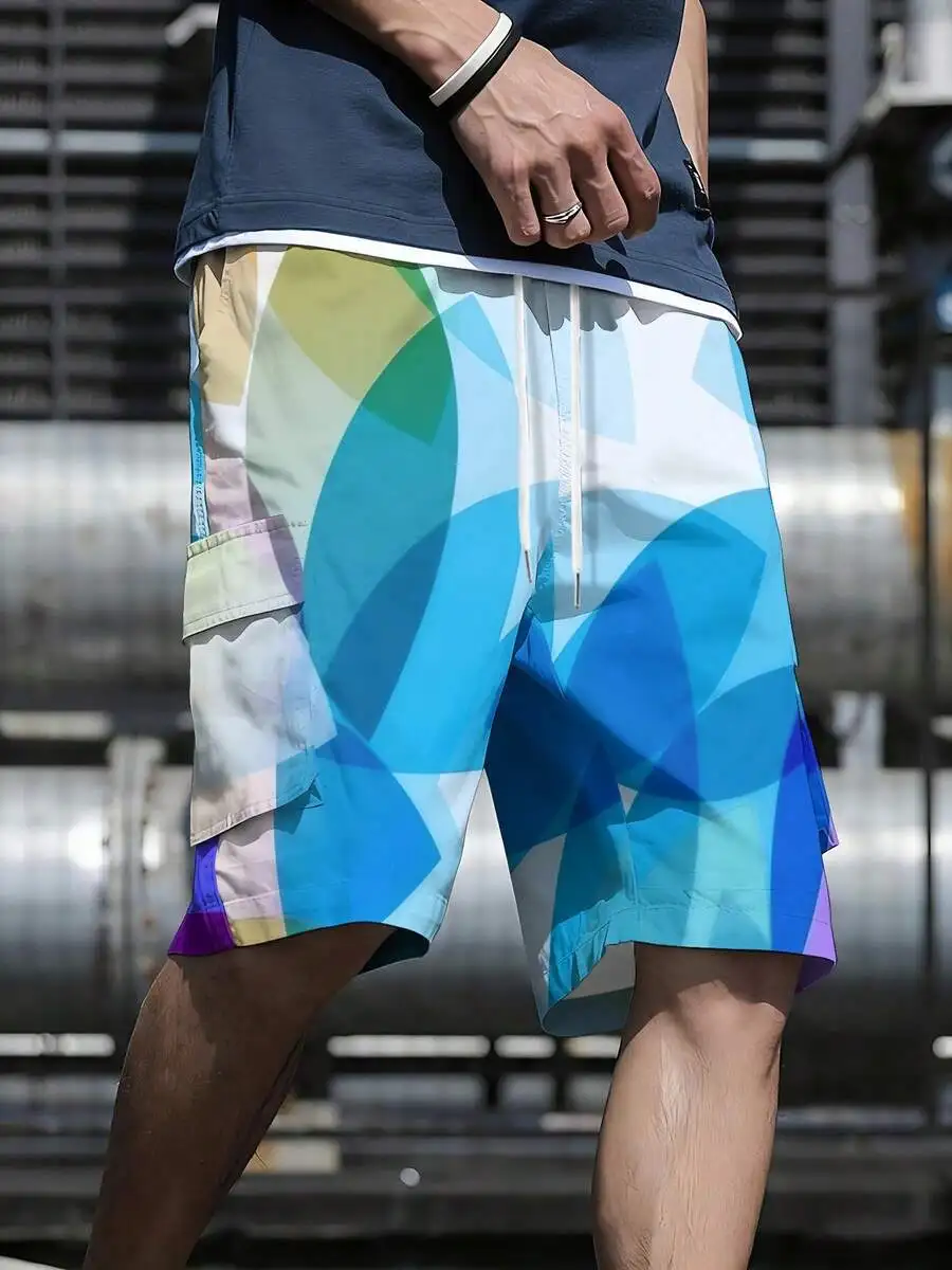 

Mens Loose Fit Cargo Shorts With Multiple Pockets, Polyester, Street Style