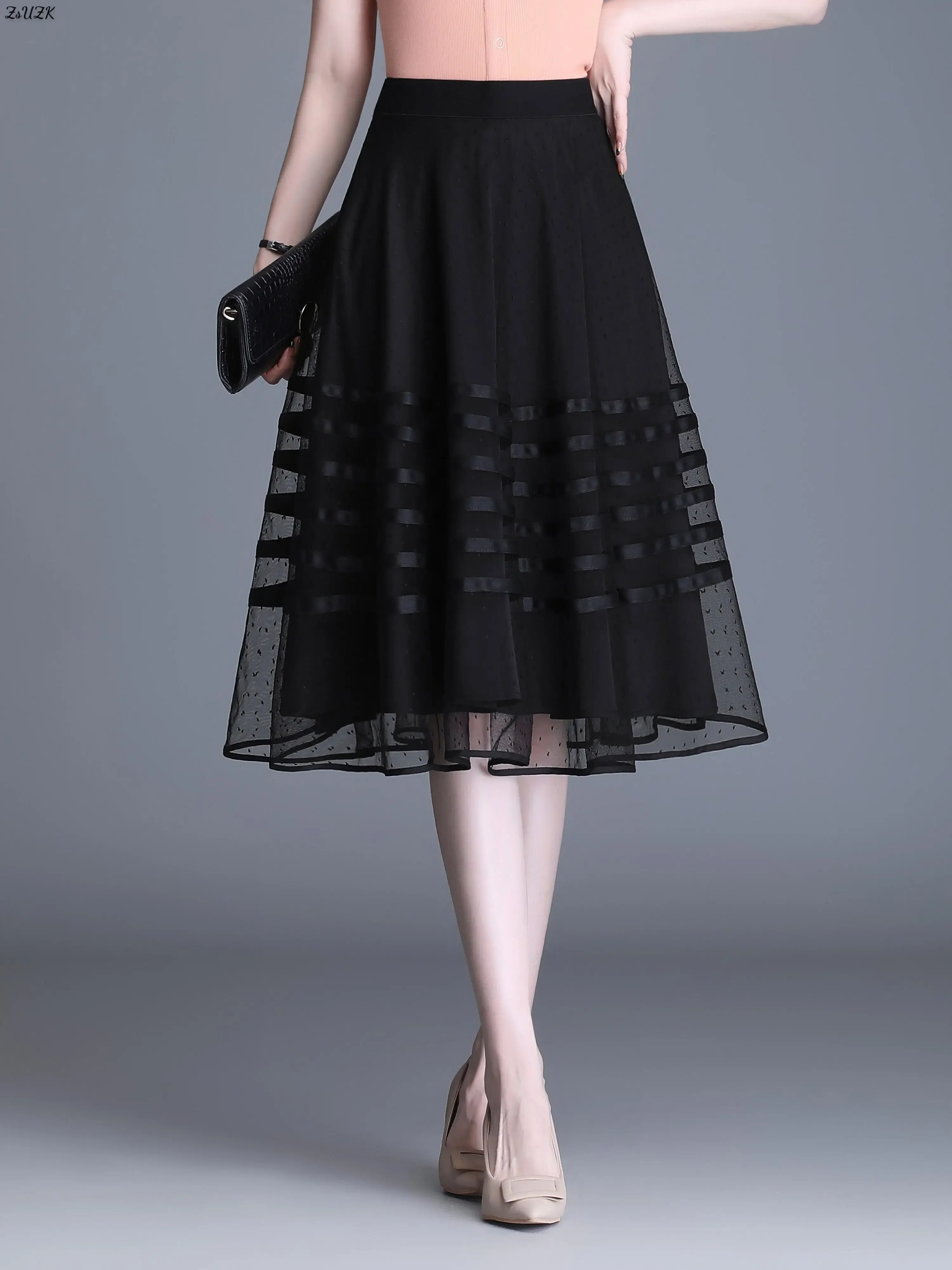 

Women Black Mesh Skirt New Spring Summer 2024 Drape Pleated Elastic Waist Korean Style Fashion Skirt Jupe B51