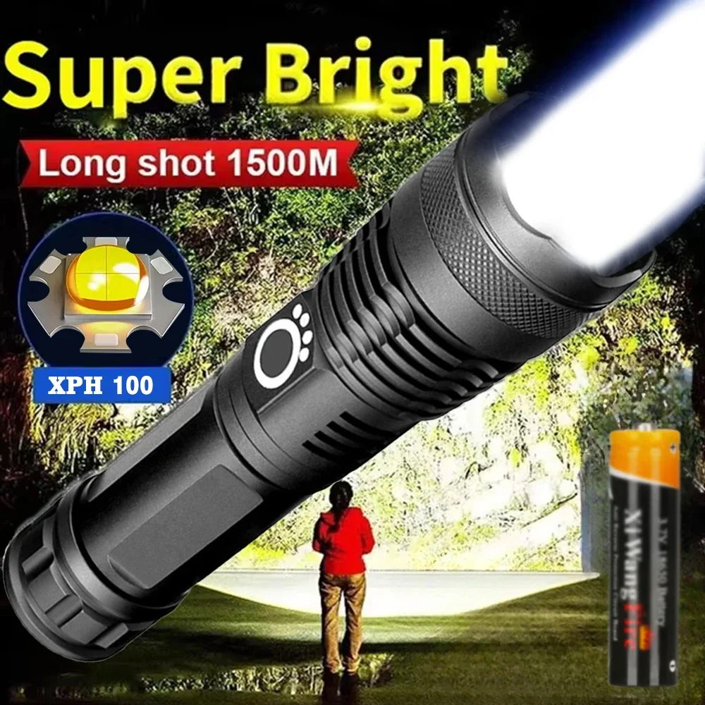 High Power XHP 100 LED Flashlight Rechargeable Torch Zoomable Super Bright Hand Lantern for Camping Outdoor Emergency Flashlight