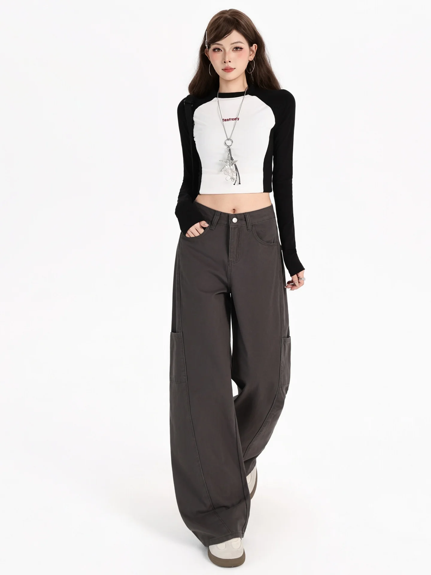 와이드 레그 워크웨어 팬츠 여성용 루즈 스트레이트 데님 진 하이웨이스트 바지 플러스 사이즈 배형 슬림 효과