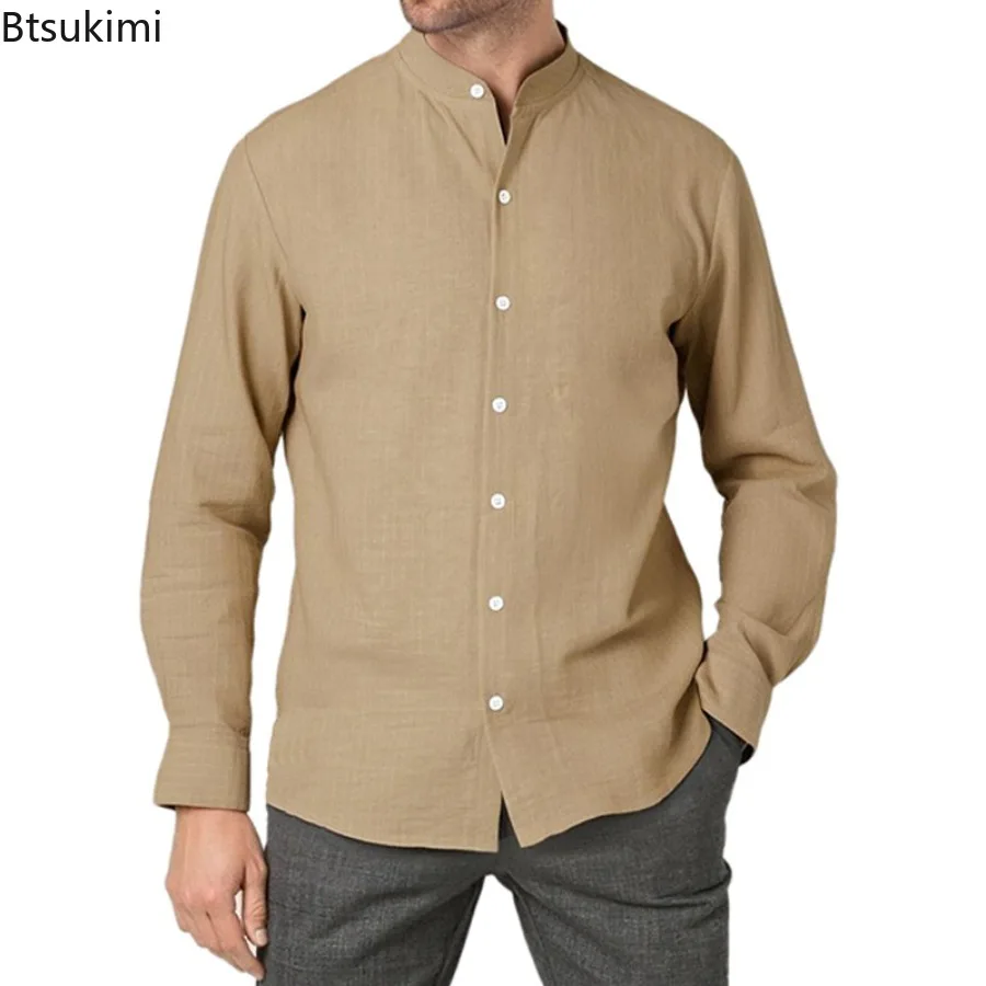 2025 New Spring Autumn New Men's Casual Shirt Business Casual Style Linen Shirt Striped Stand Collar Long Sleeve Cardigan Shirt