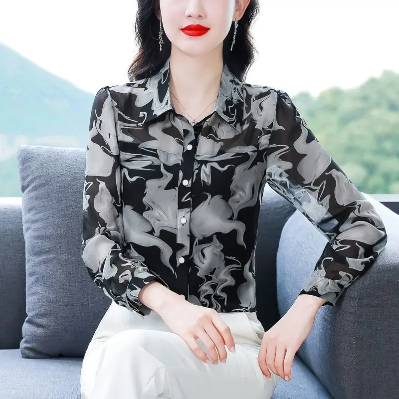 Spring and Autumn Fashion Thin Chiffon Shirt High End Collar Long Sleeve Shirt Middle Aged Versatile Aging Western Style Tops