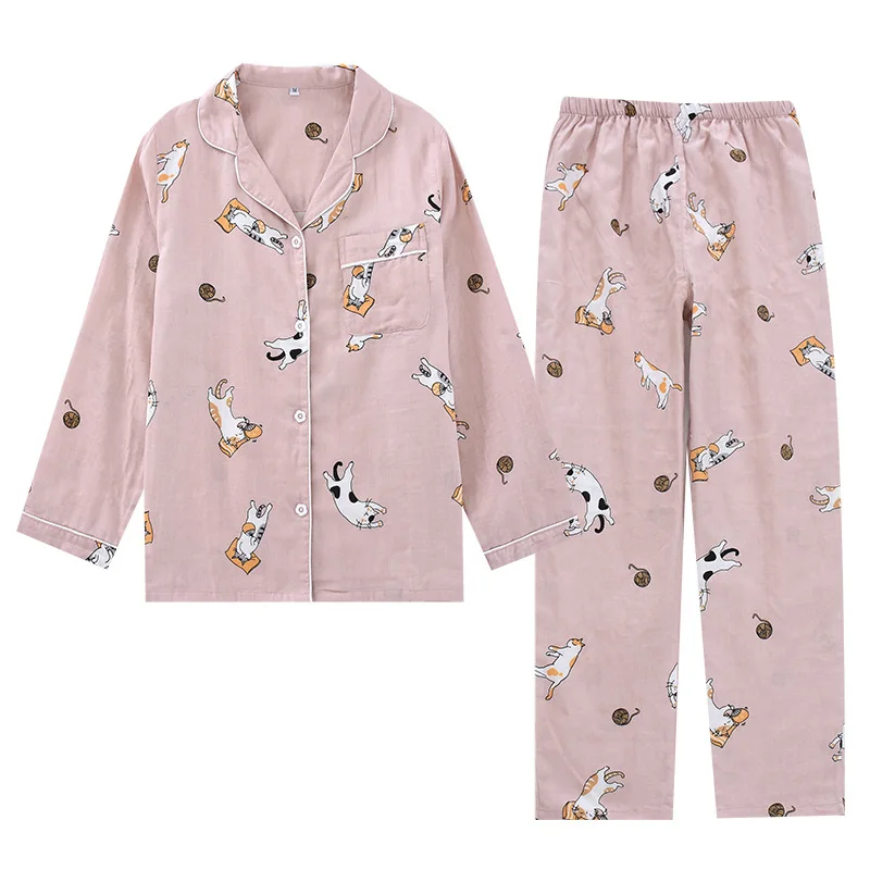 Conjunto de pijamas feminino Cartoon Cat, pijamas femininos, 100% algodão de gaze, camisa e calça com gola virada para baixo, Comfort Nature, 2 peças