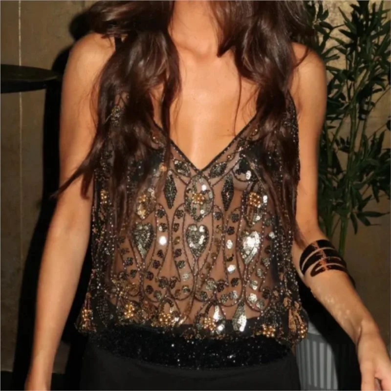 

Stylish Sequined Bead Work Mesh Crop Tops Women Sexy Sleeveless Backless Perspective Embroidered Sling Sparkle Tanks Tops Vest