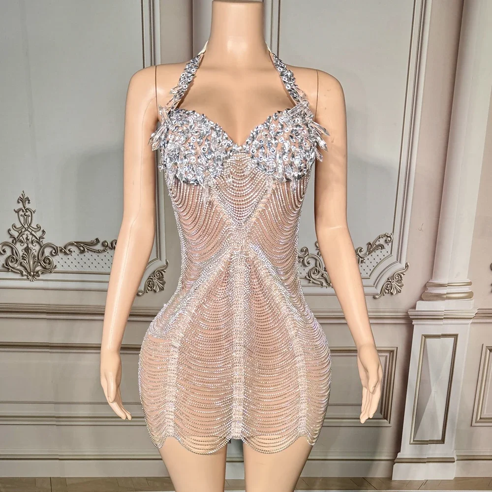 Sparkly Rhinestones Diamonds Sexy Mesh See Through Short Dress for Women Prom Party Evening Celebrate Birthday Dress Show Wear