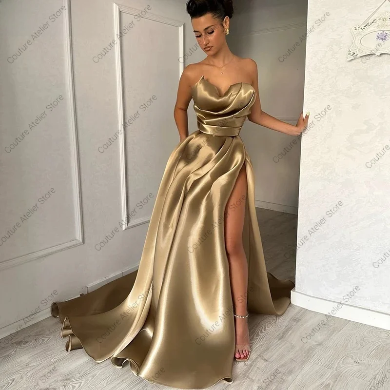 

Sexy Champagne Evening Dresses A-Line Draped High Split Strapless Pleated Party Dress 2025 Elegant Prom Gowns Customized