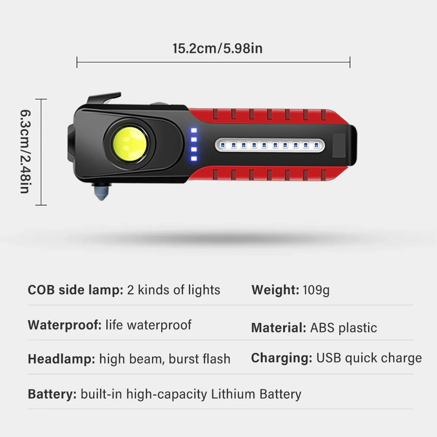 Super Bright LED Flashlight With Side Light USB Rechargeable Multifunctional Flashlight Portable Magnetic Torch Safety Hammer