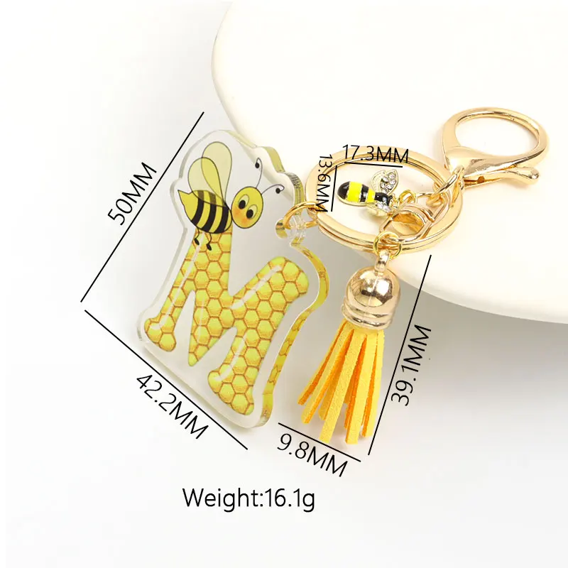Creative Bee&Honeycomb Design A-Z Acrylic Yellow Tassel Bee Rhinestones Enamel Charm Keychain Bag Pendant Trendy Jewelry Gift