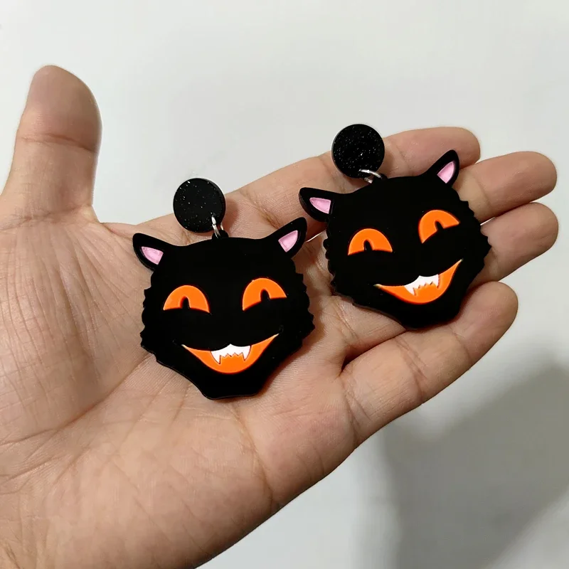 Halloween Terrifying Black Cat Drop Earrings for Women Trendy Acrylic Jewelry Accessory
