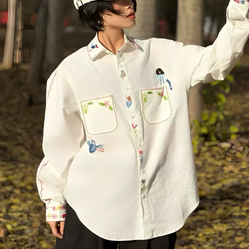 WVGA Spring Summer Autumn New Men Japanese Style Two-tone Embroidered Trendy Long Sleeve Shirt Niche Chic Casual Tops Ins W27910