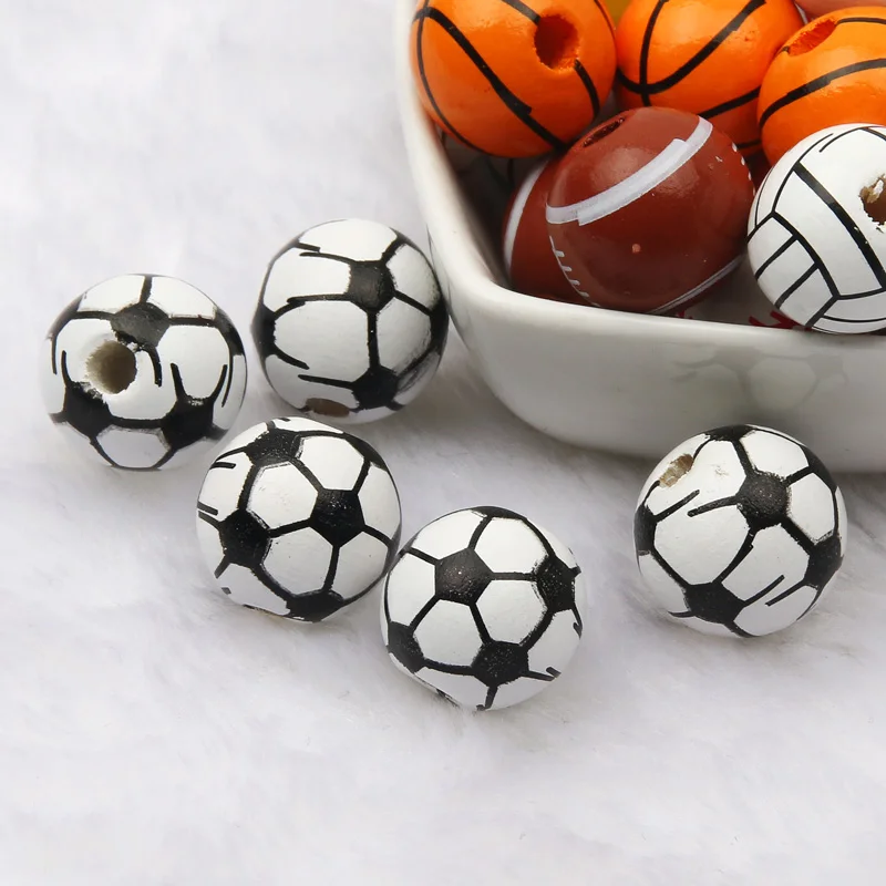 10pcs/Lot Football Wooden Beads Round Loose Spacer Beads For Handmade Necklace Bracelet DIY Jewelry Making Accessories 16mm