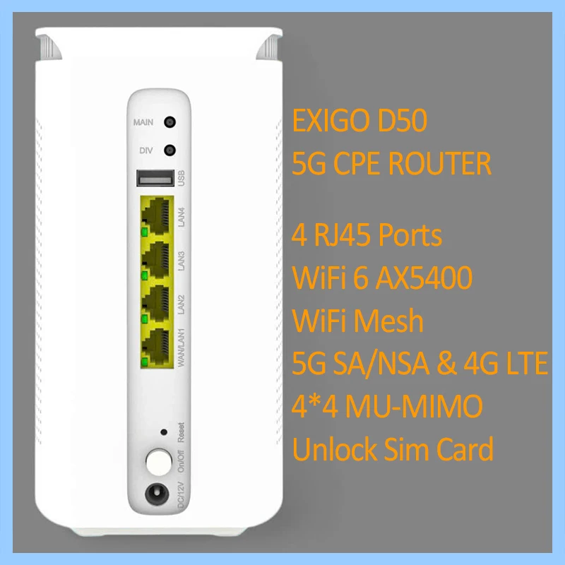 Unlocked XUNISON Exigo Hub D50 5G WiFi Mesh CPE 4*WAN/LAN Ports AX5400 WiFi 6 Transmitter 5G Sim Card Modem 4G LTE CAT16 Router