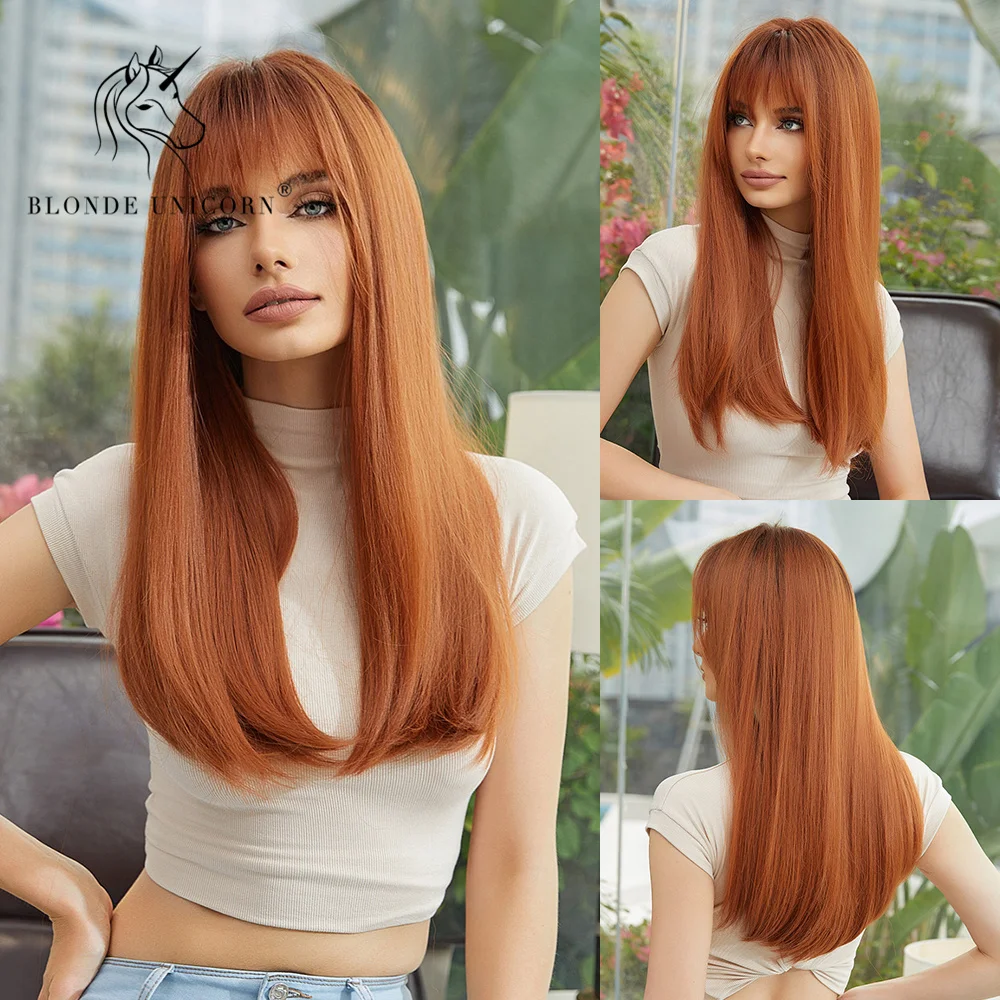 Blonde Unicorn Ombre Brown Copper Red Synthetic Wig Long Wavy Wigs with Bangs Cosplay Party Daily Heat Resistant Fiber for Women