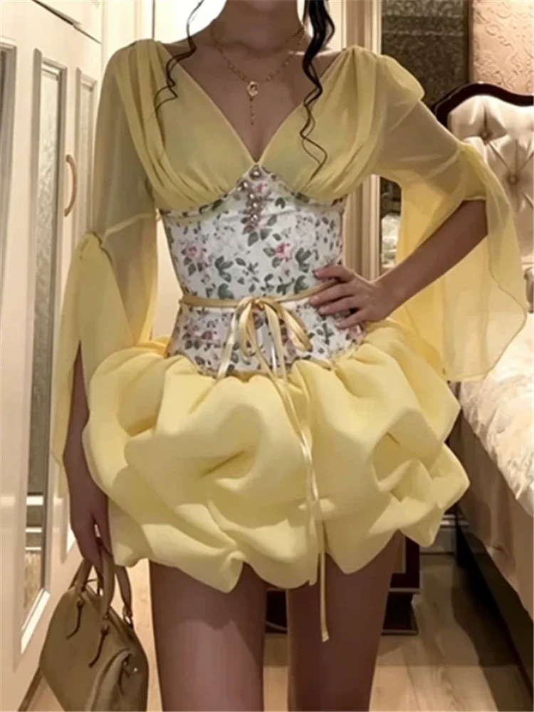 Vintage French Ballet Princess Girl Yellow Mini Birthday Dress Floral Patchwork V Neck Long Sleeve Ruffles Ball Gown Bud Dress