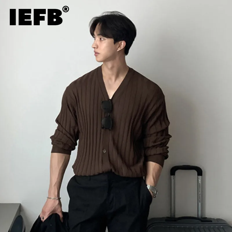 IEFB Simple Men's Cardigan Single Breasted Casual Knitted V-neck Solid Color Loose Male Clothing Korean Style Autumn 9C7065