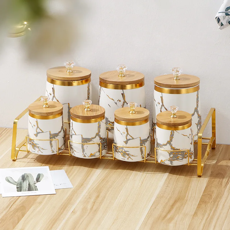 Kitchen Supplies Golden Marble Texture Airtight Jars Ceramic Jars with Lid Spice Storage Racks Home Food Storage Containers