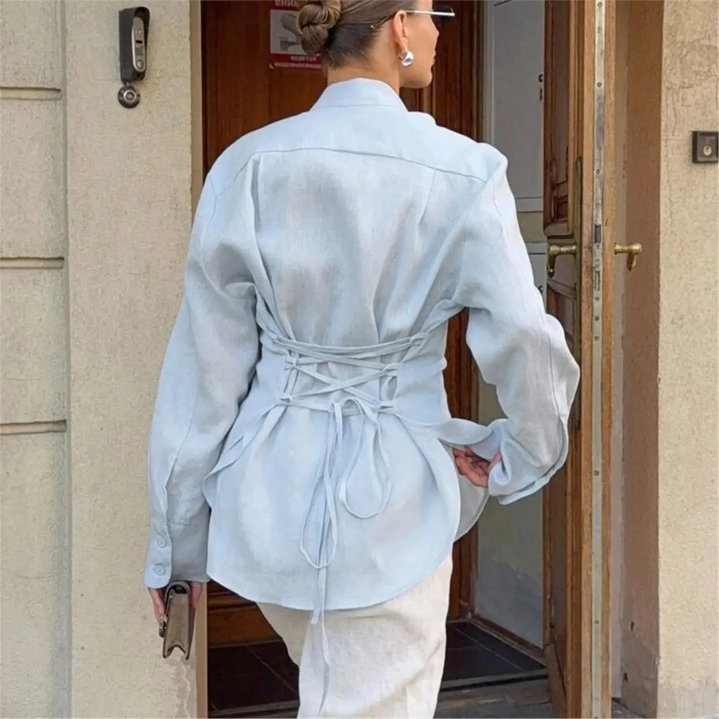 Ele Irt que se pega la cintura para las mujeres con diseño Sa Faionable Commute Europeo Sle Thin Long Sve Pure Color irt