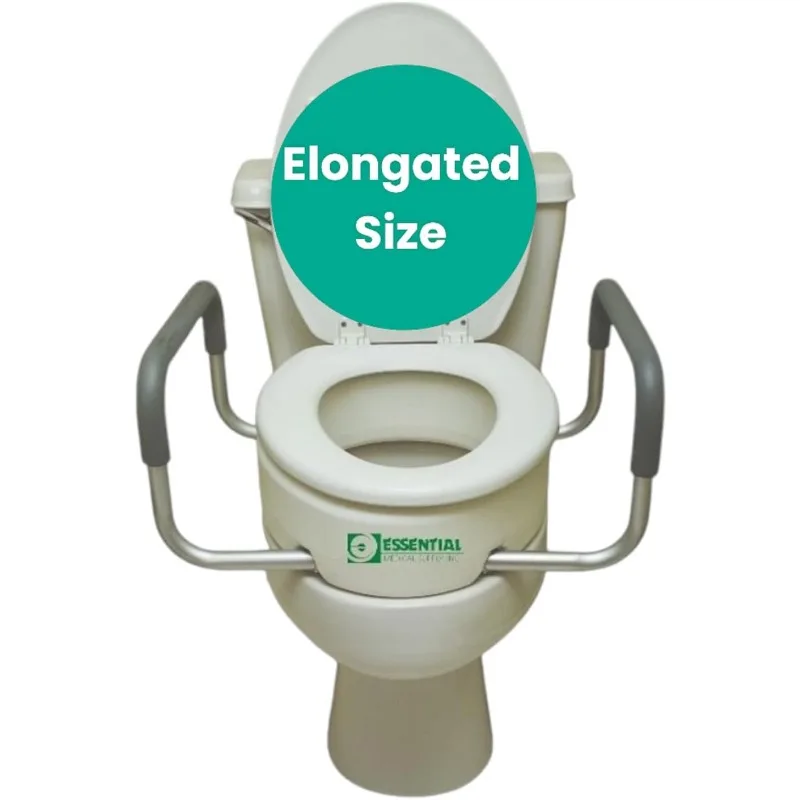 Raised Elevated Toilet Seat Riser for an Elongated Toilet with Padded Aluminum Arms for Support