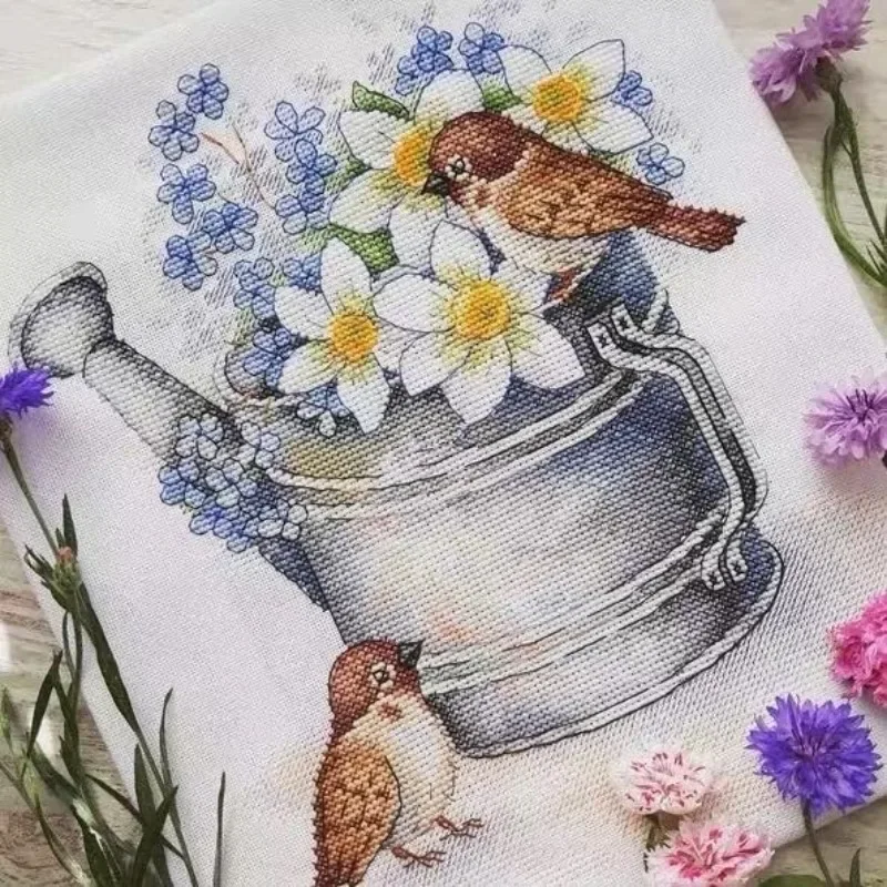 [CC5229-Iron Barrel Daffodils and Sparrows]Stamped Cross Stitch Kit for Adults and Kids, Easy Pre-Printed Canvas with Cotton Thr