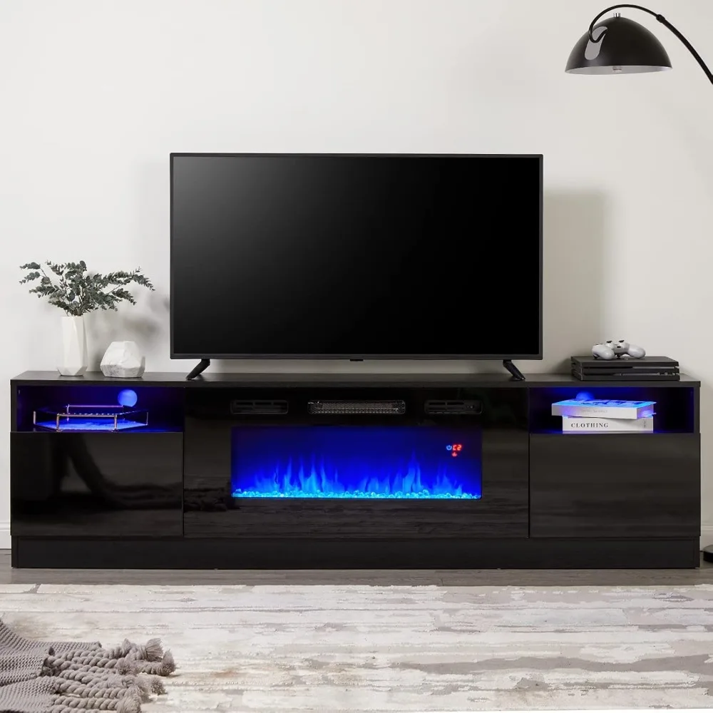 

Fireplace TV Stand, Wood Texture Media Entertainment Center with Highlight Storage Cabinet and 12 Colors LED Lights. TV Stand