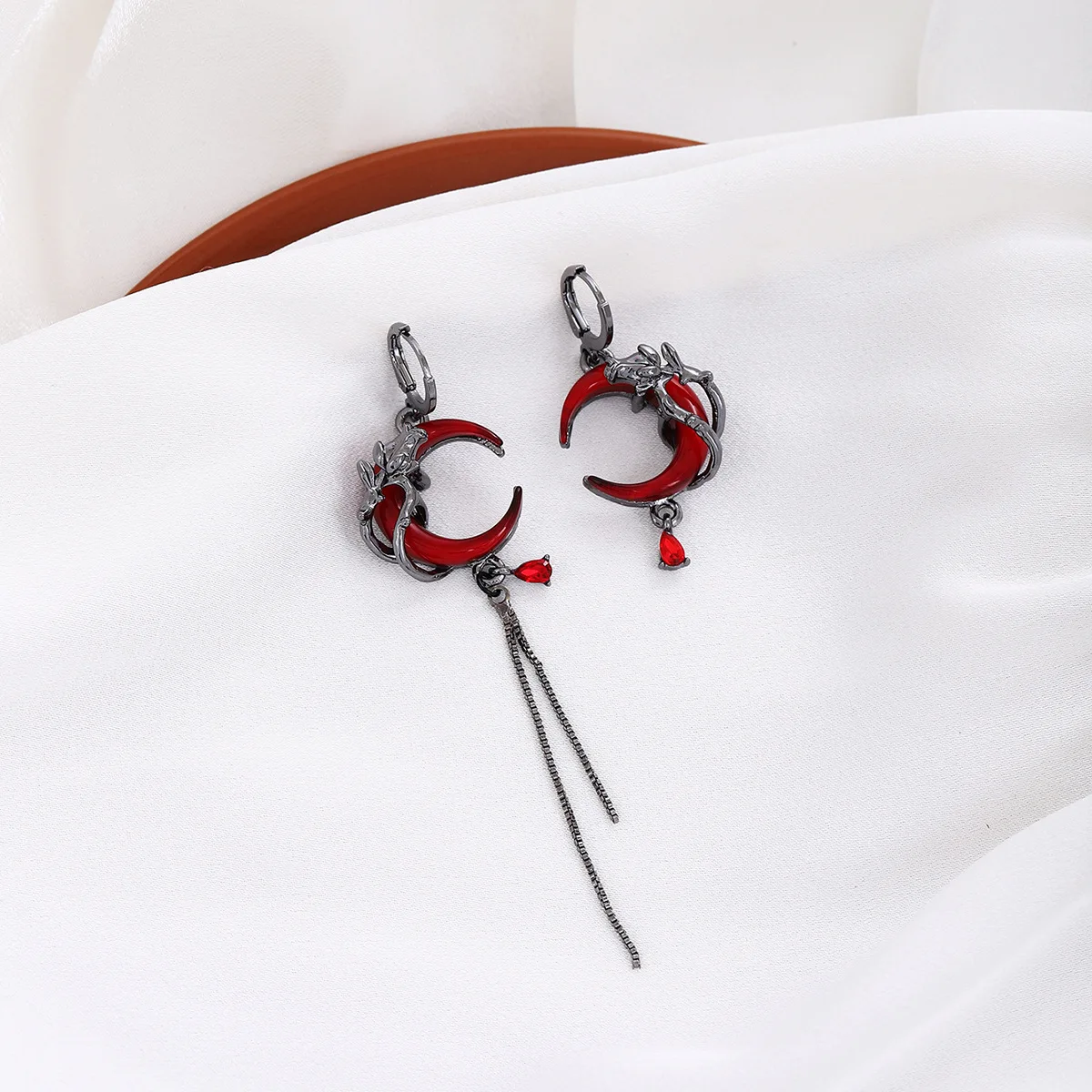 Dark Gothic Asym Wrap Red Crescent Earrings, Unique Sweet-Stud Jewelry, Edgy & Versatile Elegant Design